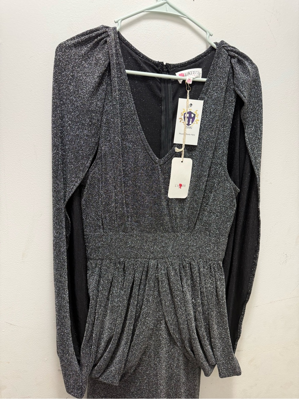 L'ATISTE Black Metallic Knit V-Neck Dress